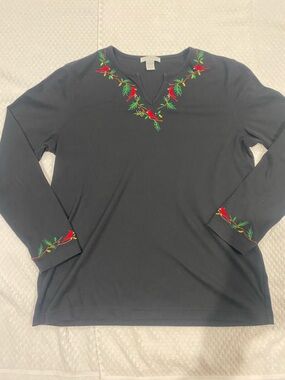 Mercer Street Studio Black Long-Sleeve Top with Red & Green Embroidery